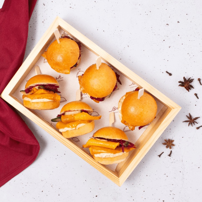 Cold Christmas Sliders — glazed ham, mustard aioli, orange onion jam