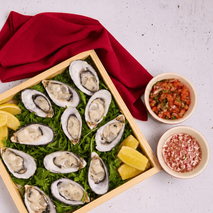 Christmas Oyster Platter — a dozen shucked, lemon, salsa & mignonette